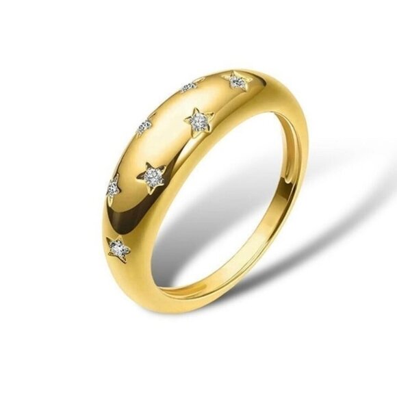 NWT Star Dome Ring Sz.7 18K Yellow Gold Plated CZ Chunky Minimalist Glam - Picture 1 of 10